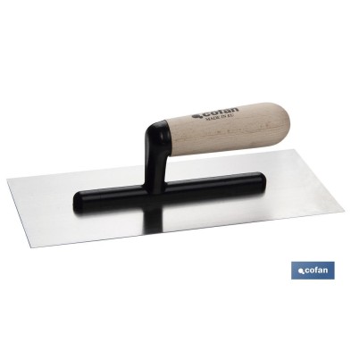 Llana para microcemento | Fabricada en acero de carbono | Medidas: 280 x 120 x 0,4 mm | Mango de madera