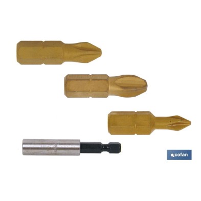 Kit de puntas de Titanio para atornillar y adaptador | Contenido 3 puntas Phillips y un adaptador | Modelo 1/4 PH