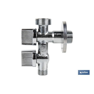 Válvula de Escuadra con Doble Salida | Medidas: 1/2 x 1/2 x 3/8 | Fabricada en Latón CW617N | Rosca de Entrada a Gas
