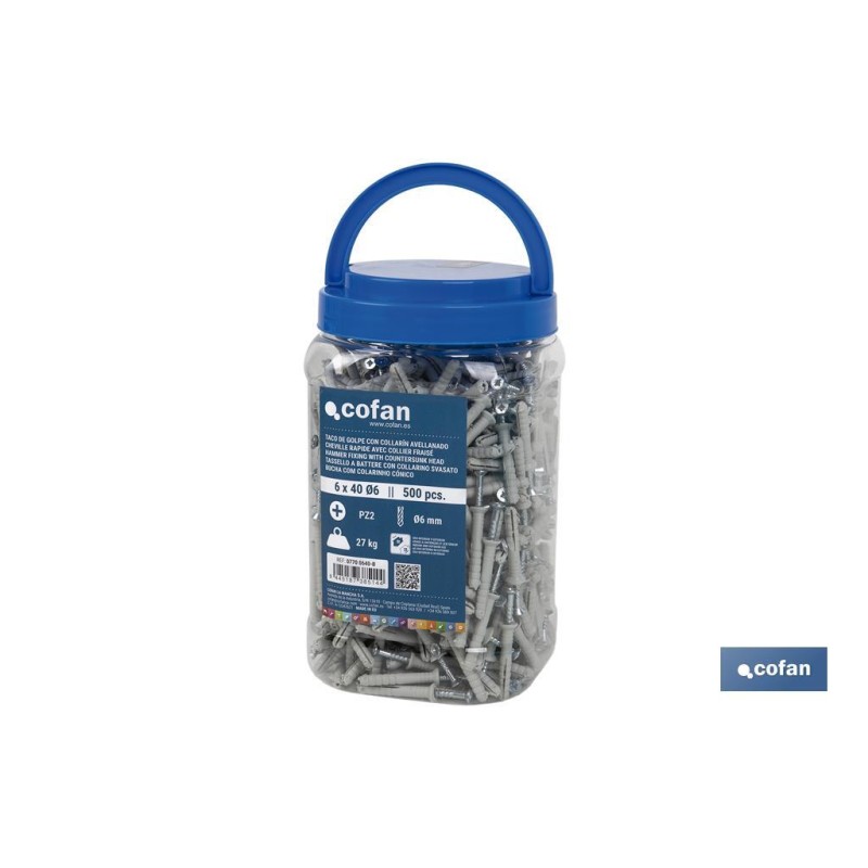 Pack de 500 Tacos de Golpe con Collarín Avelladado | Medidas: Ø6 mm x 40 mm