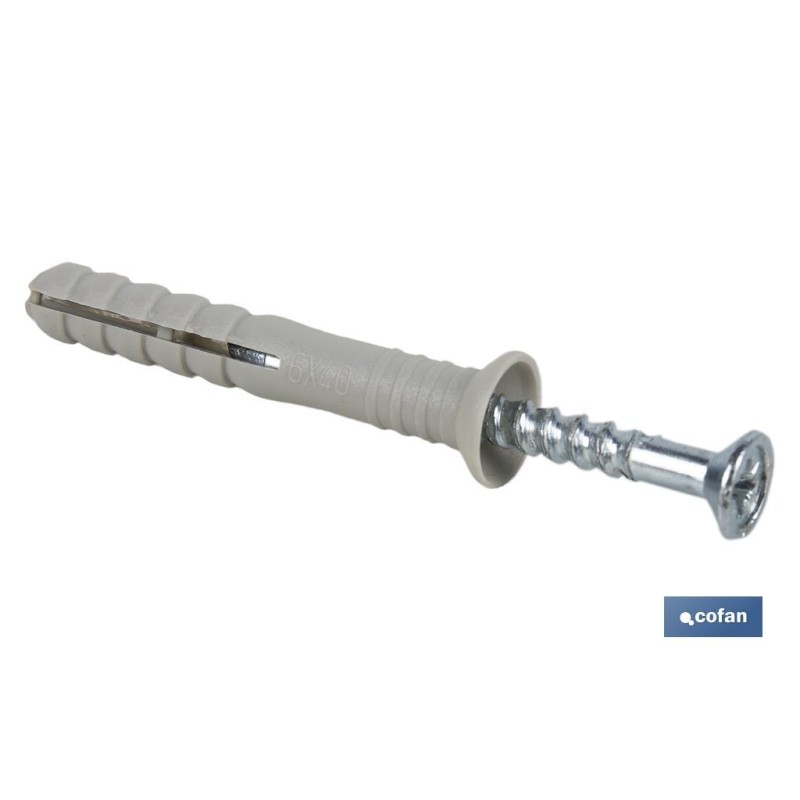 Pack de 500 Tacos de Golpe con Collarín Avelladado | Medidas: Ø6 mm x 40 mm