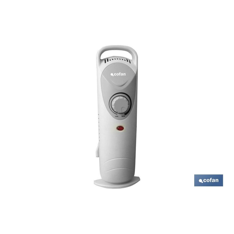 Mini radiador de aceite | Potencia: 450 W | Termostato regulable | Seguridad antiincendios | Color: blanco | Medidas: 26 x 13 x 