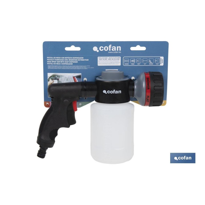 Pistola de riego con 6 posiciones ajustables y depósito para dispensador de jabón de 500 ml