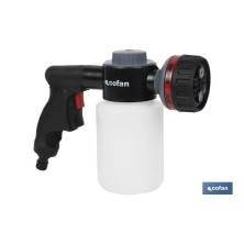 Pistola de riego con 6 posiciones ajustables y depósito para dispensador de jabón de 500 ml