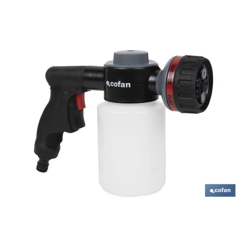 Pistola de riego con 6 posiciones ajustables y depósito para dispensador de jabón de 500 ml