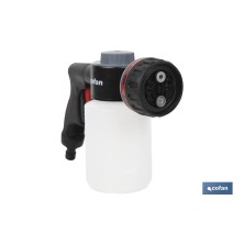 Pistola de riego con 6 posiciones ajustables y depósito para dispensador de jabón de 500 ml