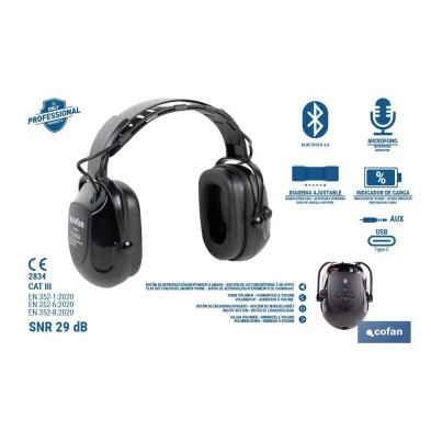Cascos antirruido con Bluetooth | Reducción de sonido (SNR) 29 dB | Protección auditiva con micrófono y control de volumen