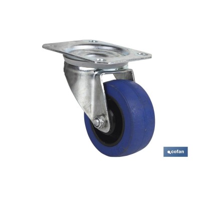 Rueda de goma azul y placa giratoria | Con cojinete de rodillo | Para pesos de hasta 150 kg y diámetros de 80, 100 y 125 mm