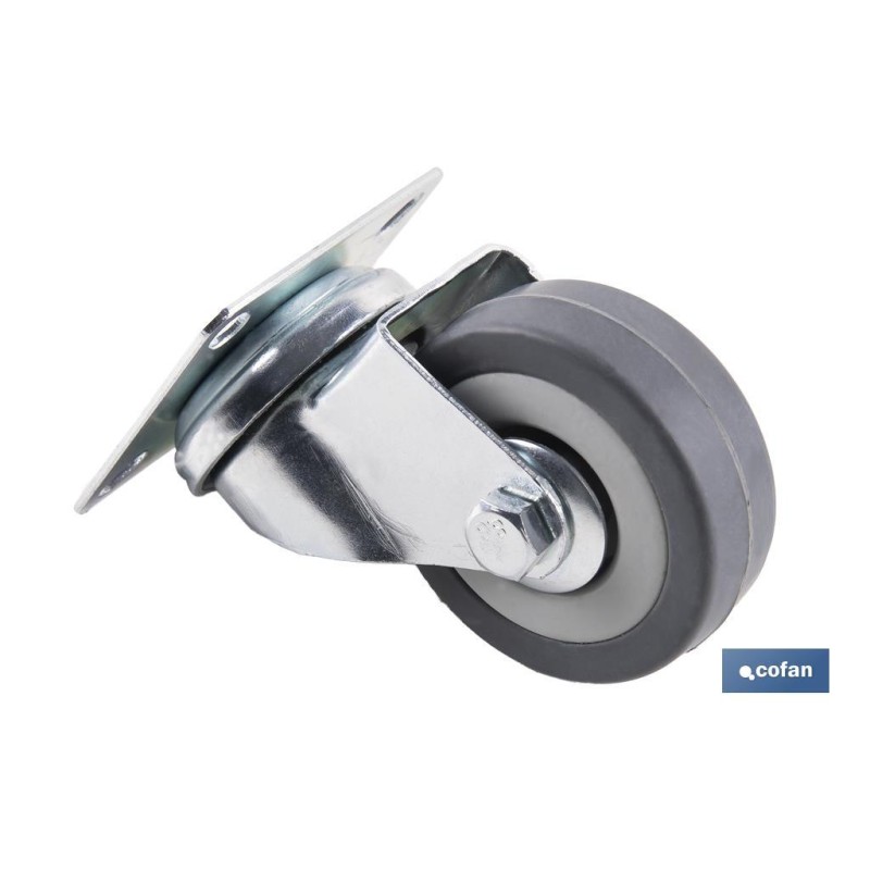 Rueda de goma gris con placa giratoria | Diámetros desde 50 mm hasta 75 mm | Para pesos máximos desde 36 kg hasta 45 kg