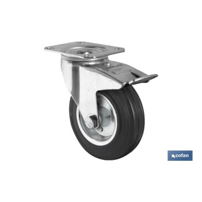 Rueda de goma y metal con placa giratoria y freno | Con diámetros desde 80 mm hasta 125 mm | Para pesos desde 80 kg hasta 150 kg
