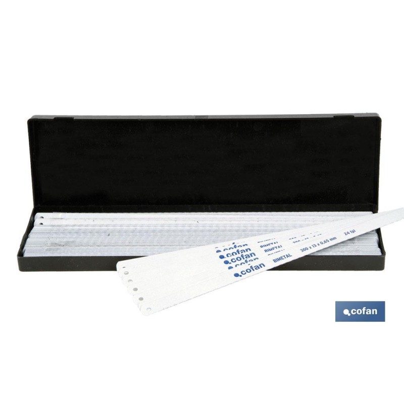 Estuche de hojas de sierra | Bimetálica de 24TPI | 100 unidades | Resistente al desgaste | Medida: 300 x 13 x 0,65 mm