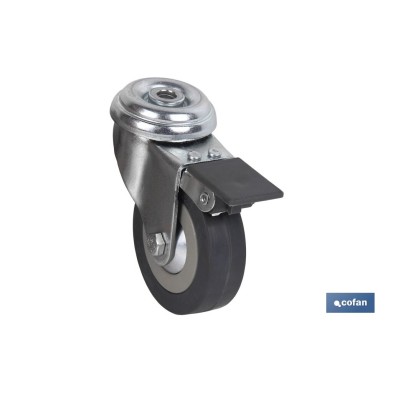 Rueda de goma gris para tornillo pasante y con freno | Diámetros desde 30mm hasta 75 mm | Para pesos desde 25 kg hasta 45 kg