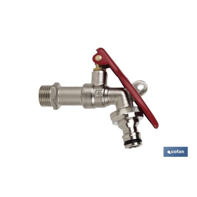 Grifo con maneta y toma para candado | Entrada de 1/2 y salida de 3/4 | Adecuado para manguera | PN: 25 bar