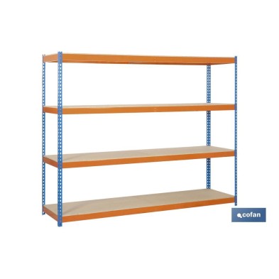 Estantería de acero de media carga | Color azul y naranja | Con 4 baldas de madera | Disponible en diferentes medidas