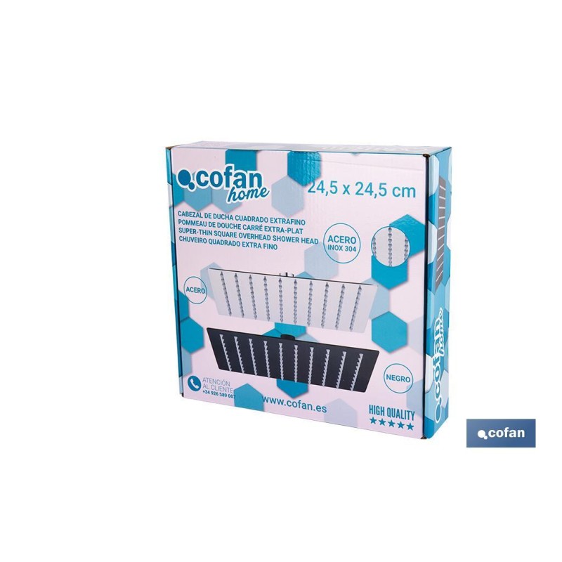 Cabezal de ducha cuadrado orientable | Diseño extrafino | Tecnología antical | Medidas: 24,5 x 24,5 cm | Disponible en acabado n