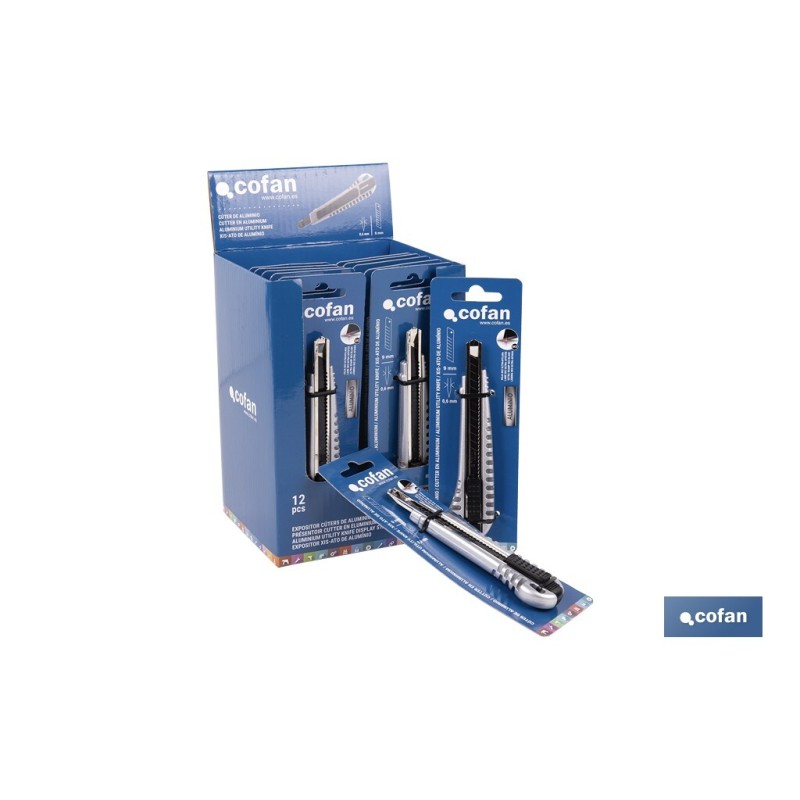 Expositor de cúteres de aluminio | Incluye 12 cúteres profesionales | Disponible en diferentes medidas