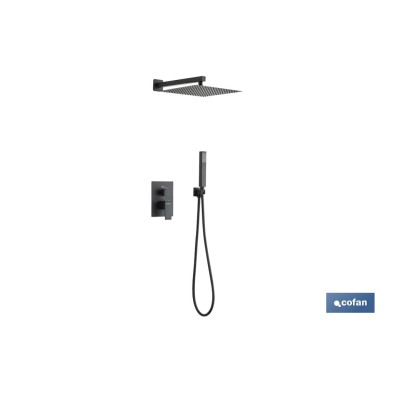 Conjunto de ducha empotrada en color negro | Ducha monomando 2 vías | Instalación en la pared | Diseño cuadrado | Rociador con 2